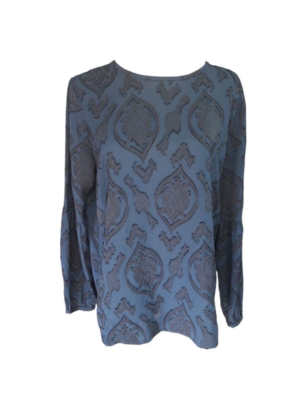 Loft Blouse Blue With Black Velvet Textured Burnout Pattern Top Size Medium - Picture 1 of 8